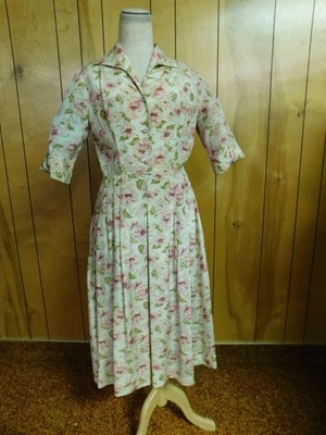 Rayón crema vintage años 50 con flores rosas cintura 29" Foto 1 de 4