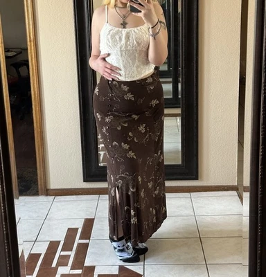 VTG 90s Briggs New York Womens M Brown Maxi Skirt Front Slit Button Floral USA - Image 1 of 4