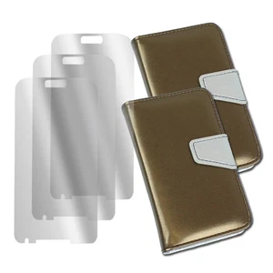 2X WALLET CASE COVER+SCREEN PROTECTOR STAND PU LEATHER GOLD GALAXY S IV S4 I9500 - Picture 1 of 2
