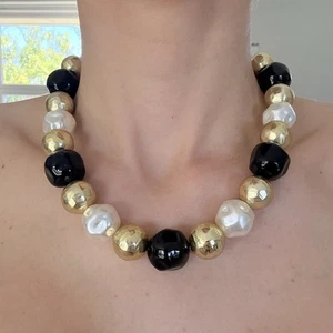 Chunky Gold Black Pearl Beaded Necklace 2 cm Beads Retro Glam - Bild 1 von 2
