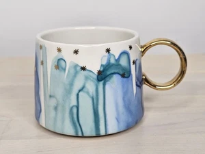 Anthropologie Blue Teal Drip Watercolor Night Sky Gold Ring Handle Mug  - Picture 1 of 8