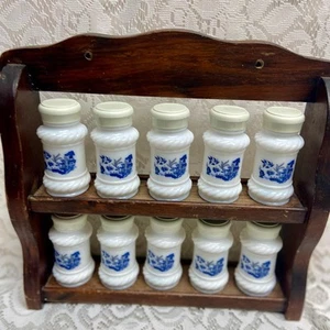 Vintage, 10-pc Blue Willow Milk Glass Shaker Set with Wooden Rack - Picture 1 of 8