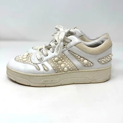 Jimmy Choo Hawaii Cuero Perla Tenis Zapatos 37.5 7.5 Blanco Adornado  Foto 1 de 4