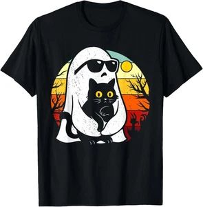 Retro Geist hält schwarze Katze lustig Halloween Katzenliebhaber Männer T-Shirt S-5XL - Bild 1 von 7