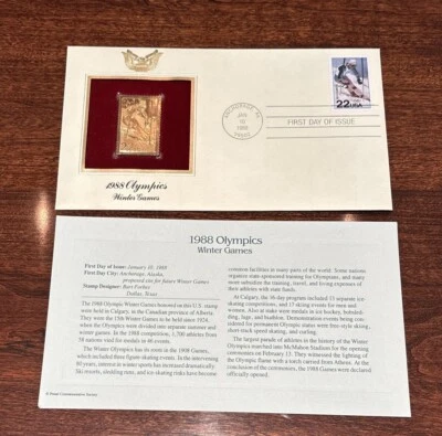 1988 Winter Olympics Games 22kt Gold GOLDEN Replica FDC Cover STAMP FCI - Image 1 of 3