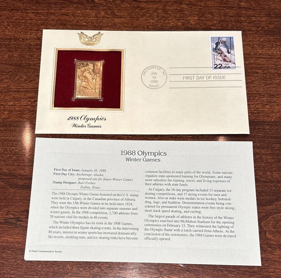 1988 Winter Olympics Games 22kt Gold GOLDEN Replica FDC Cover STAMP FCI - Image 1 of 3
