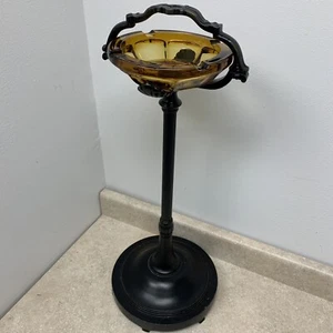 VTG 1940s Solid Cast Iron 28” Floor Bowl Stand w/ Hand Blown Amber Glass 8” Dish - Picture 1 of 24