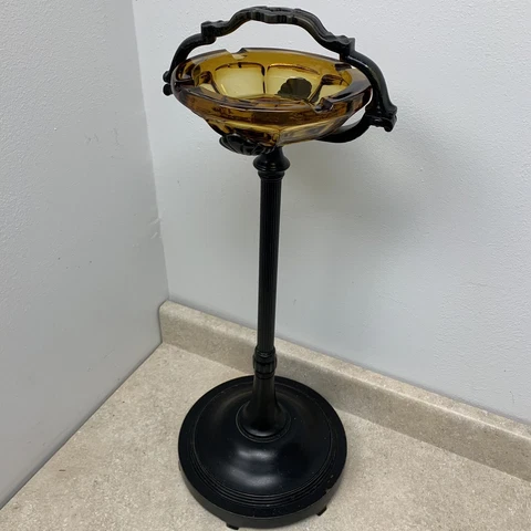 VTG 1940s Solid Cast Iron 28” Floor Bowl Stand w/ Hand Blown Amber Glass 8” Dish Cover