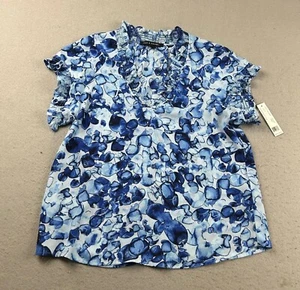 Zac Rachel Shirt Womens Small Blue Floral Ruffles V Neck Short Sleeves Top NWT - Picture 1 of 10