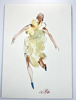 "Pintura acuarela original Wendell Mohr mujer en vestido bailando 16x11"" bellas artes" Foto 1 de 4