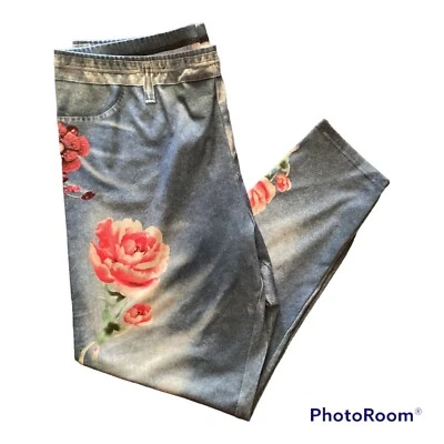 Women’s leggings faux denim floral printed stretchy yoga pants size 4XL blue - Image 1 of 4