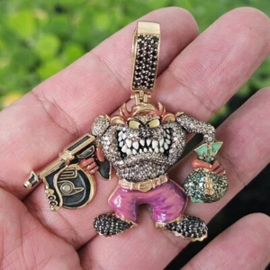 Iced Out Tasmanian Devil Taz Gangster Pendant CZ Diamond Men's Hip Hop Jewelry - Picture 1 of 12