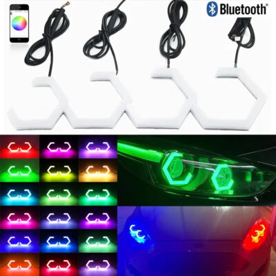 For Jaguar XJ XJR XF XE F-Pace Hex LED RGB Angel Eyes Kit Halo Rings BT APP 4Pcs - Image 1 of 4