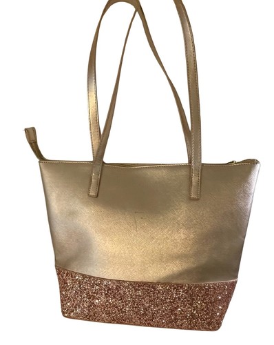 Borsa a mano Kate Spade oro rosa glitter inferiore cerniera superiore doppia maniglia difetti minori