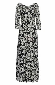 JS COLLECTIONS Black Silver Floral Embroidered Mesh 3/4 Sleeve Maxi Gown 8 = M - Picture 1 of 5
