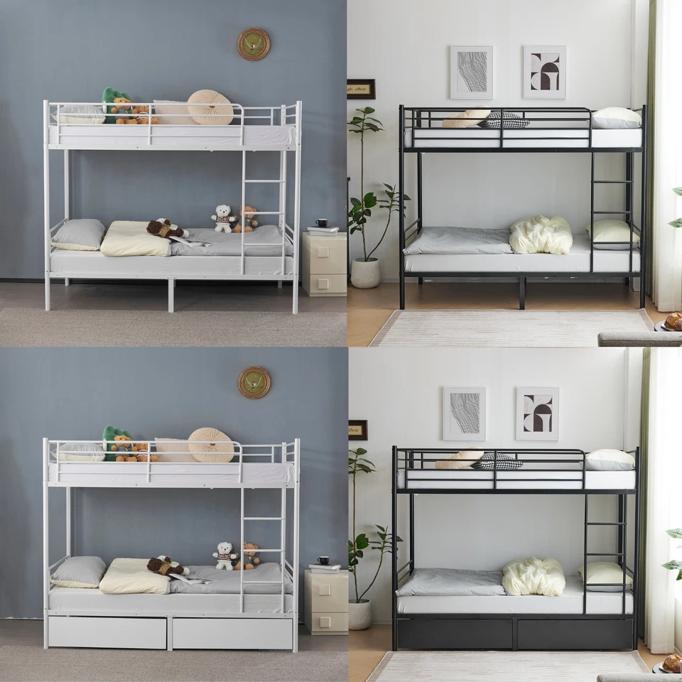 Bunk Bed Frame Single Loft Sleeper with Two Drawers Ladder Guardrail White/Black - Image 1 of 1