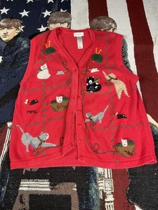 Vintage Studio Works Strickpullover-Weste mit Katzenmotiv - rot - große L - mehrere Katzen - Bild 1 von 9