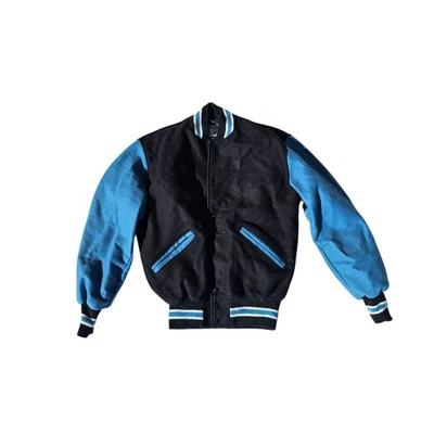 Vintage Men's Size Medium Delongi Blue & Navy Wool Blend Varsity Snaps Up Jacket - Image 1 of 4