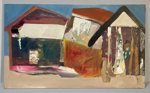 Richard Silva Abstract Oil Painting Collage Fresno California Art 3 Houses - Picture 1 of 5