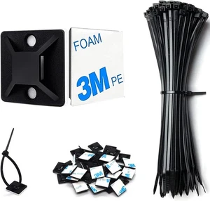 Strong Back-Glue Self Adhesive Cable Zip Tie Mounts Kit - 50 50 Set, Black  - Picture 1 of 7