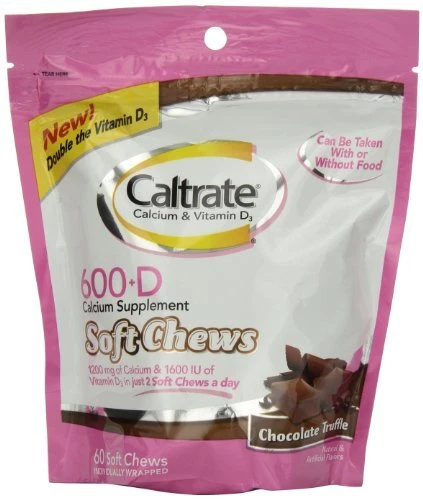 Paquete de 6 Caltrate Calcio Vitamina D Masticables Suaves Chocolate Trufa 60 Cada uno Foto 1 de 1