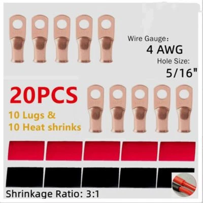 (10) 4AWG Gauge Copper Ring Terminals 5/16" RED/BLACK Heat Shrink Tubing LUGS - Image 1 of 4
