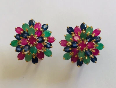 12K Solid Yellow Gold Cluster Earrings With Mixed Emerald & Sappier & Ruby 5.85G - Image 1 of 4