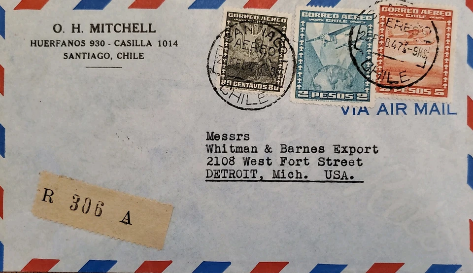 J) 1957 CHILE, AIRPLANE, REGISTERED AND CERTIFICATED, MULTIPLE STAMPS, AIRMAIL,  - Image 1 of 1