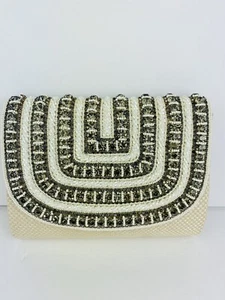 NEW David Jeffery Beaded Evening Clutch/Shoulder Bag Cream Tan Grey - Picture 1 of 8