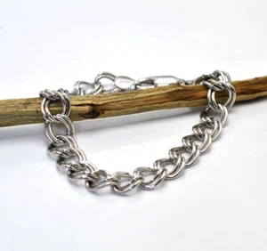 925 Sterling Silver Parallelo Double Link Charm Chain Bracelet 7" - Picture 1 of 7