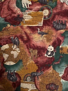 Cotton Quilting Fabric World Map With Animals Hi-Fashion Fabrics 4 1/2 yds x 43" - Picture 1 of 6