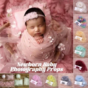 Newborn Baby Photography Props Lace Pearl Outfits Headband Wrap Costume Set 1x - Picture 1 of 36