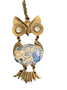 Owl Pendant Necklace Claire's Brass Tone w/ Rhinestone Eyes 36 in Blue & White - Picture 1 of 7