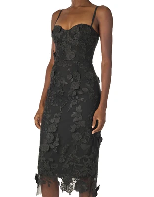 Monique Lhuillier Black Floral Embroidered Lace Appliqué Cocktail Dress US 4 - Image 1 of 4