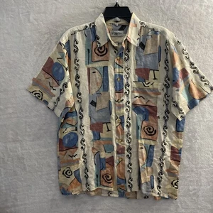 Gabicci Mens Button Shirt Beige Geometric Medium Cotton Blend Short Sleeve - Picture 1 of 7