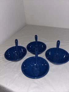 Vintage Blue White Speckled Enamelware Bowls & Spoons Set (4) Cabin Core Camping - Picture 1 of 8