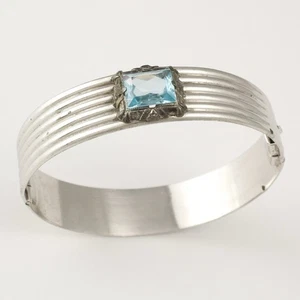 Vintage Blue Glass Bangle Bracelet Silver Tone Emerald Cut Stone - Picture 1 of 6