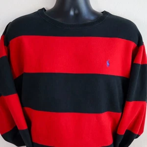 Vintage Polo Ralph Lauren Rugby Striped Crewneck Sweatshirt L Red Black Rare - Picture 1 of 15