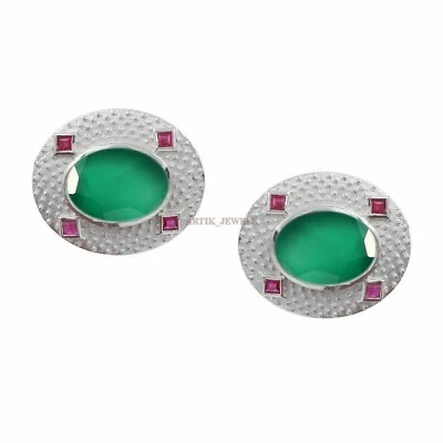 Verde Naturale Onice & Riscaldato Rubino Gemma Con 925 Argento Gemelli #240 - Immagine 1 di 3
