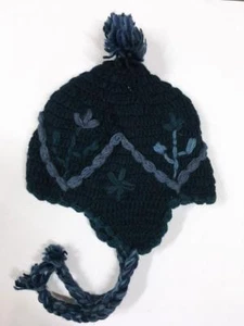 Hippie Bohemian Festival Applique Crochet Nepal Wool Fleece Lined Flap Hat B - Picture 1 of 2