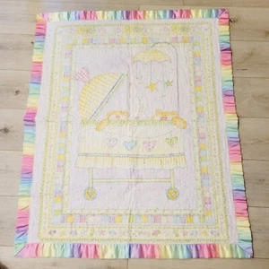 Vtg Hand Made Satin Rainbow Trim Teddy Bear Nursery Crib Quilt Blanket - Picture 1 of 7
