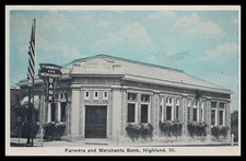 HIGHLAND ILLINOIS, FARMERS and MERCHANTS BANK Bank Sign, Flag, Blue Sky 1954 WB