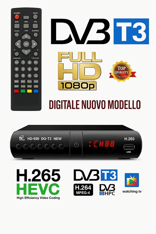 Digitale Terrestre  DVB-T3 Decoder TV SCART HDMI 4K H265 Telecomando Pile - Immagine 1 di 4