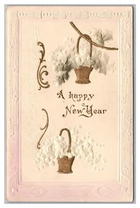 Postal Año Nuevo Feliz Año Nuevo Cestas Doradas Flores Blancas Repujado L23 - Imagen 1 de 2
