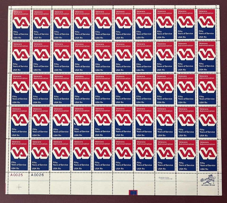 Veterans Administration - Scott 1825 - Mint Sheet of 50 Stamps - Free Shipping - Image 1 of 1