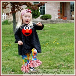 BonEful RTS NEW Boutique Girl 3 Sesame Street Fabric ELMO Top Ruffle Pant Outfit - Picture 1 of 14