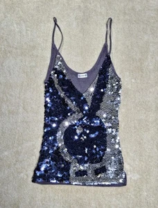 Playboy Bunny Pailletten Tank Top schwarz silber Spaghettiträger Größe M - Bild 1 von 5