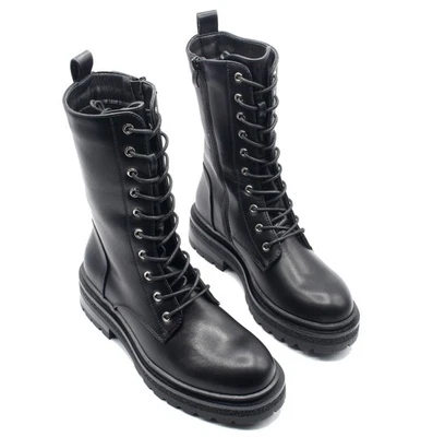 scarpe anfibi stivali stivaletti da donna nero stringati alti punta stretta - Immagine 1 di 4