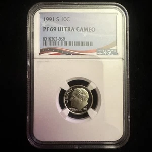 1991-S Proof Roosevelt Dime 10c NGC PF69 Ultra Cameo Patriotic Flag Label USA - Picture 1 of 8