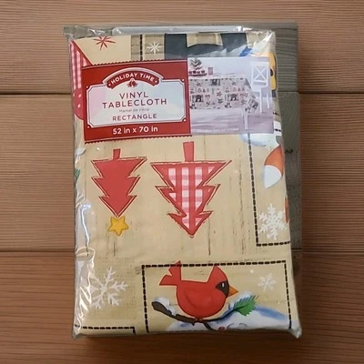 CHRISTMAS CABIN PATCHWORK Vinyl Tablecloth Rectangle 52" x 70" Bear Fox Cardinal - Image 1 of 4